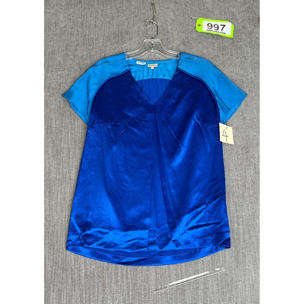 WAYNE Blouse Top Womens 4 Blue Two-Tone Contrasting Satin Short Sleeve V-Neck